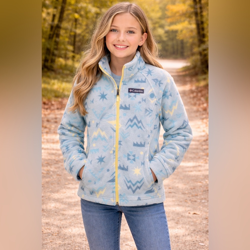 Columbia Kids Large, Gray and Yellow Patterned Fleece Jacket NWT